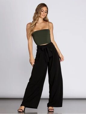 Windsor Women's Black Wide-Leg Pants Back Zipper Front Bow Tie Elegant Formal